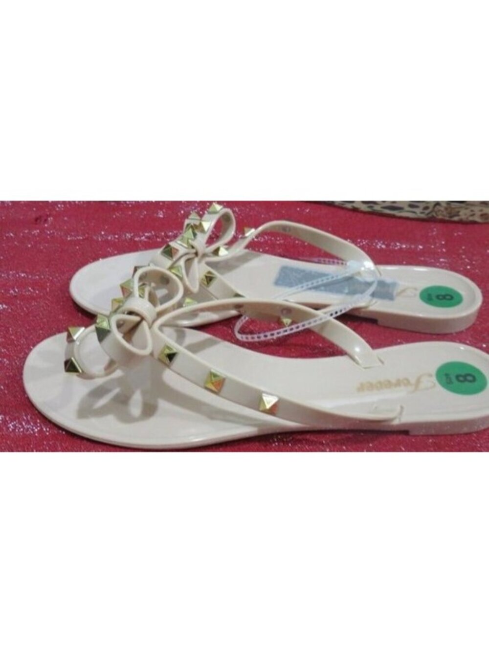 Forever Jelly Cream Sandals gold stud embellished sandals flats